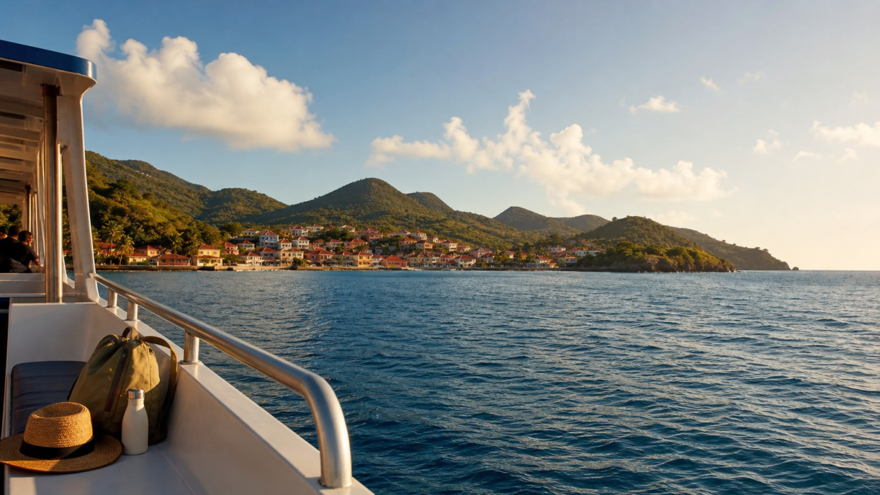 Bateau arrivant à Terre-de-Haut depuis la Guadeloupe, baie et maisons colorées.
