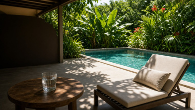 Ombre de terrasse à midi, verre d’eau et bord de piscine au Lamentin.