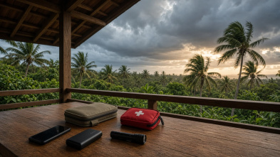 Terrasse d’un logement tropical sous un ciel nuageux, avec téléphone, lampe, batterie et papiers de voyage rangés sur une table